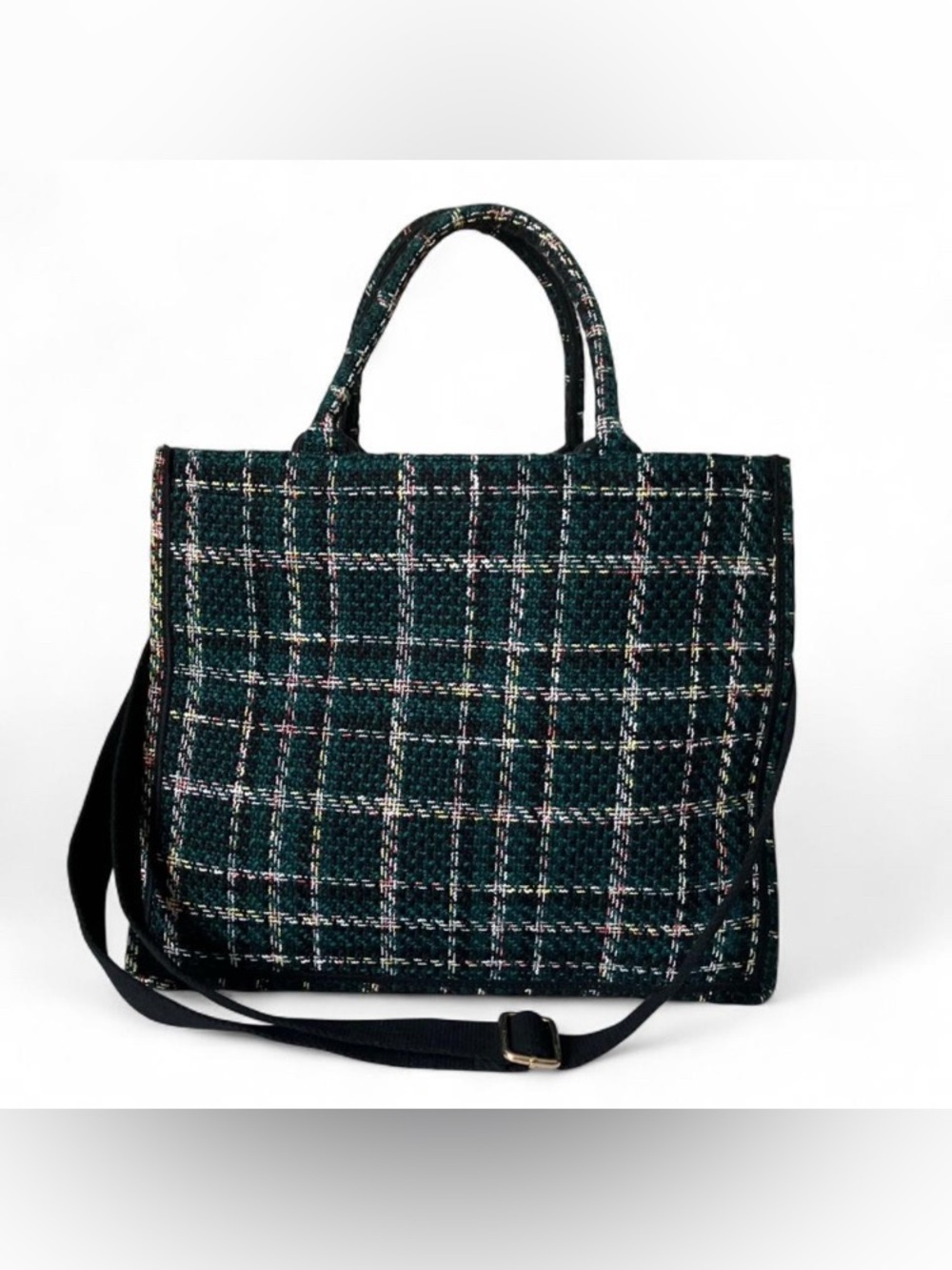 Urban Expressions Tweed Plaid Tote Bag Green Structured Carryall - Picture 3 of 9